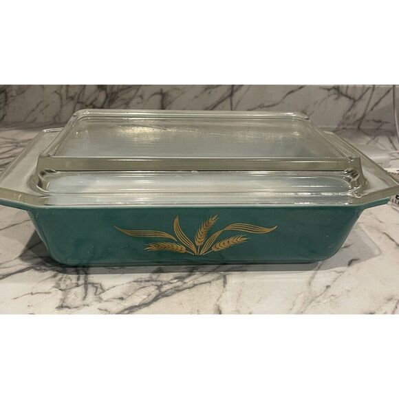 Vintage Promotional Pyrex 2 Qt  Emerald Wheat Casserole Dish 575-B With Lid - Picture 3 of 7